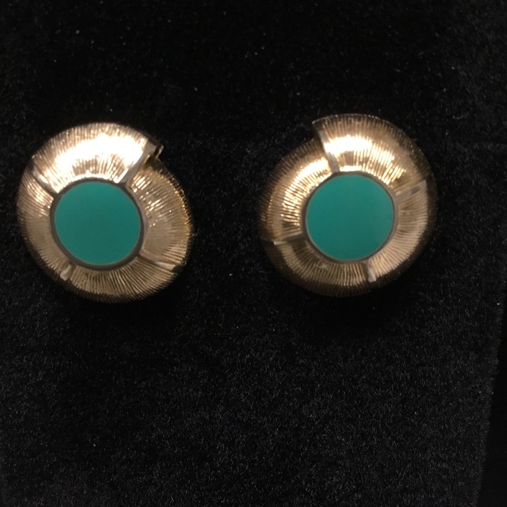 Gold Toned Spiral Earrings w/ Green  Enamel Center